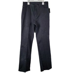 Lana Erica Embroidered Floral Rhinestone Accent Black Women Pants Size 10 New